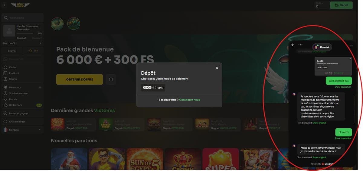 Service client Holyluck Casino