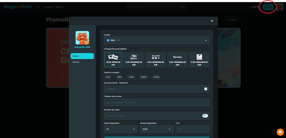 Dépôt Hugo Bets Casino