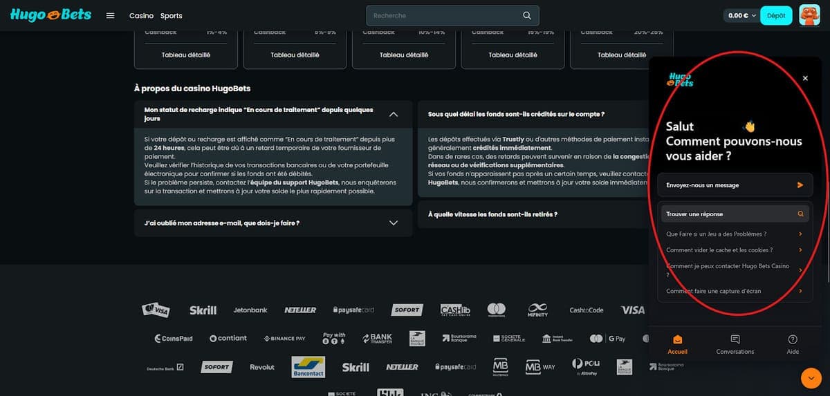 Service client Hugo Bets Casino