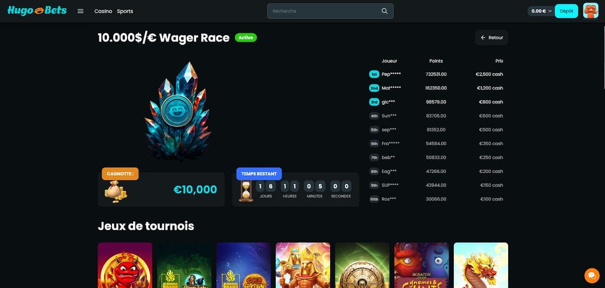 Tournois Hugo Bets Casino