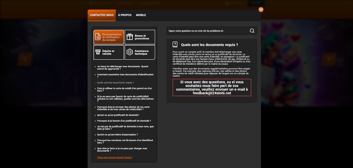 Service client i24Slots Casino