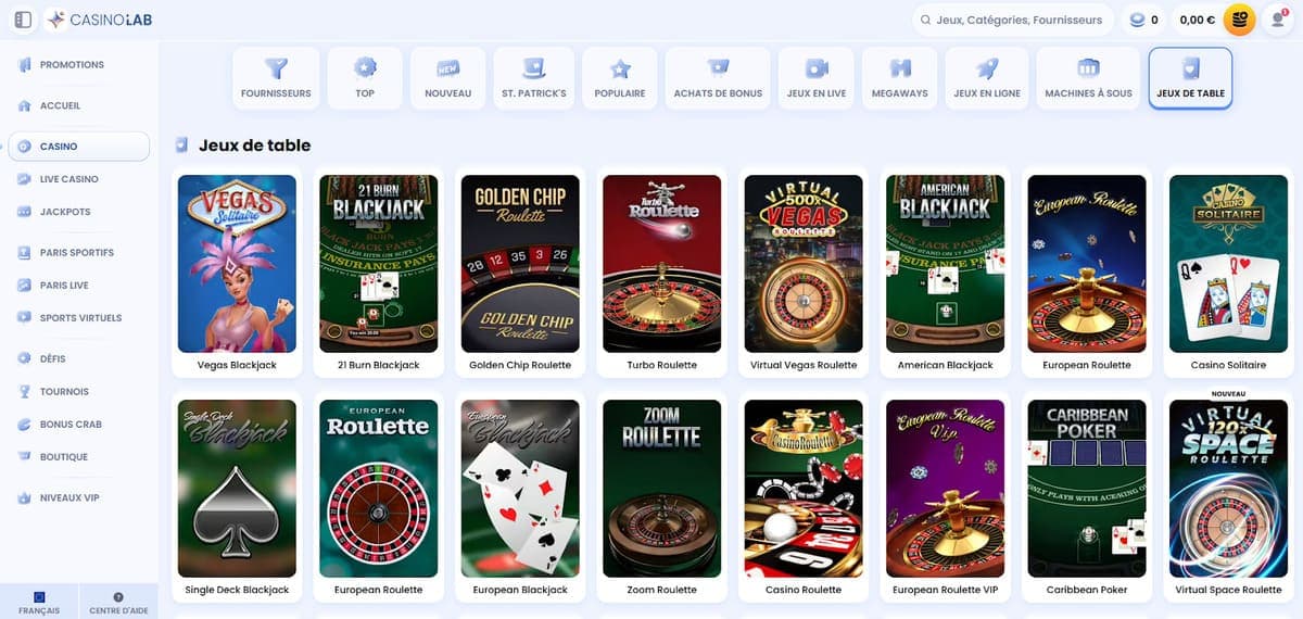 Jeux de table CasinoLab