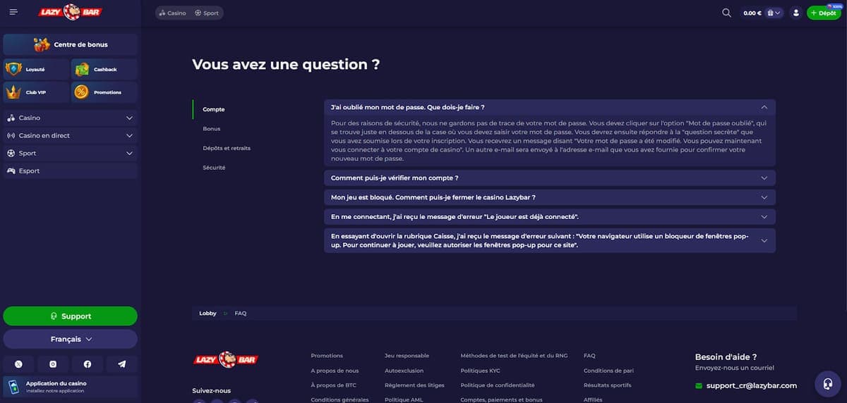 FAQ LazyBar Casino