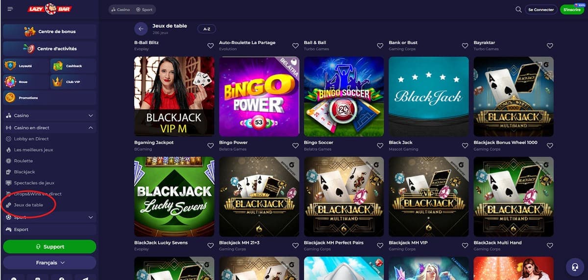 Jeux de table  LazyBar Casino