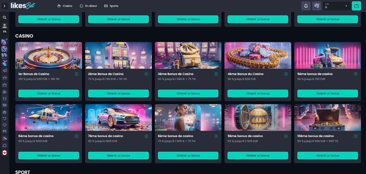 Bonus bienvenue Likes.Bet Casino