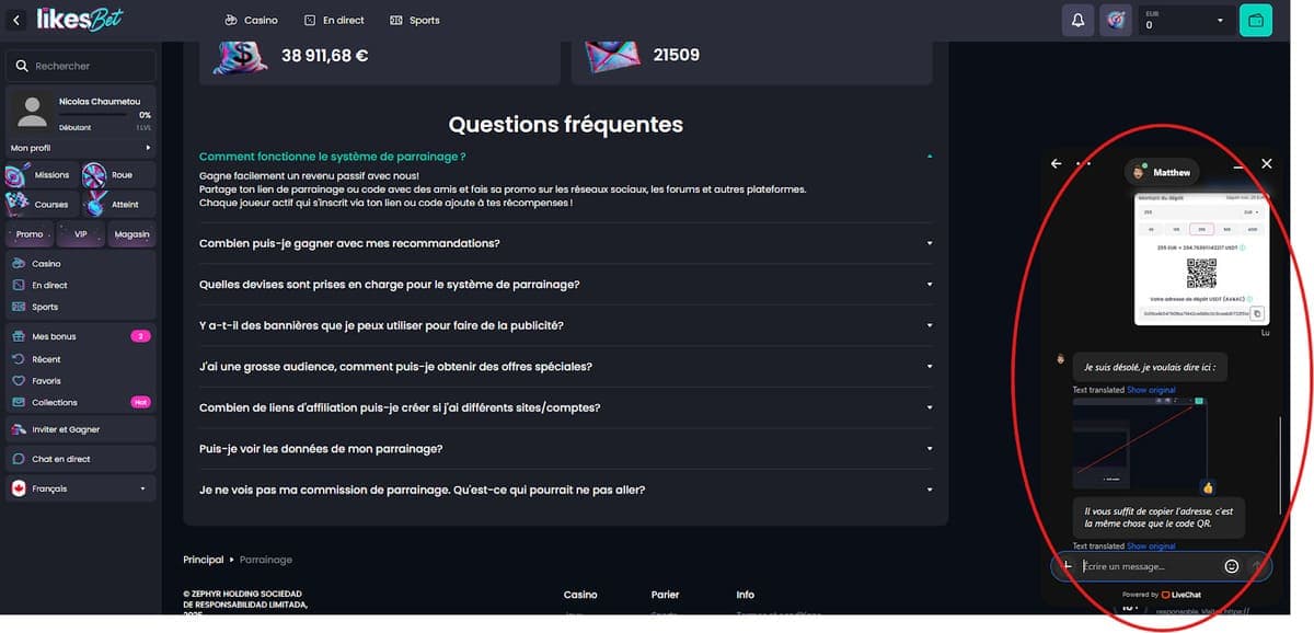 Service client Likes.Bet Casino
