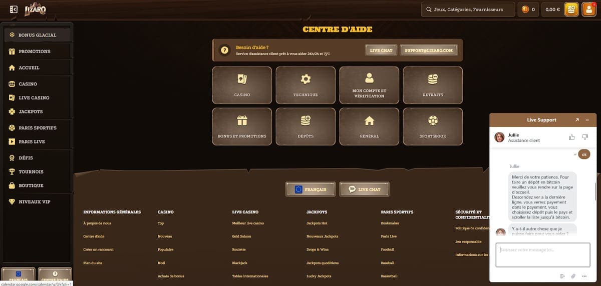 Service client  Lizaro Casino