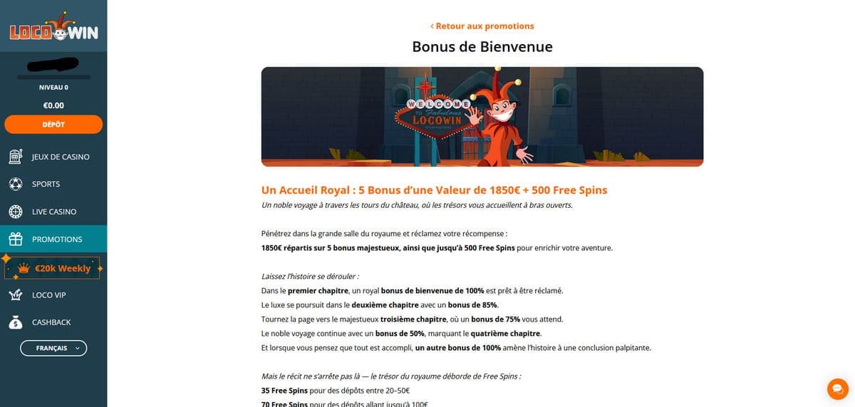Bonus bienvenue LocoWin Casino