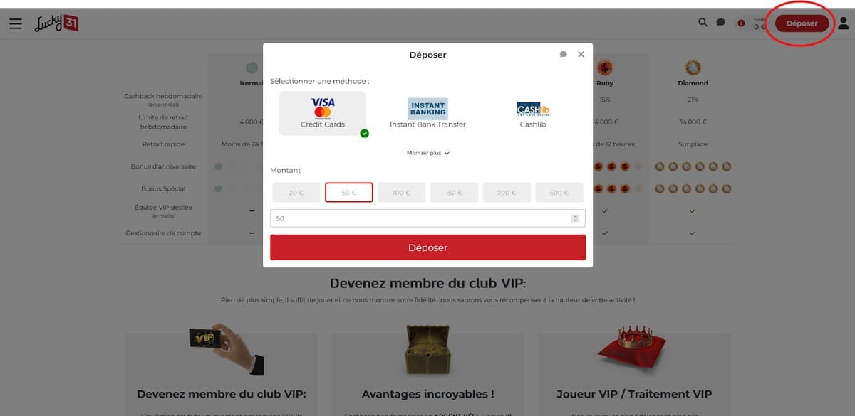 Dépôt Lucky 31 Casino