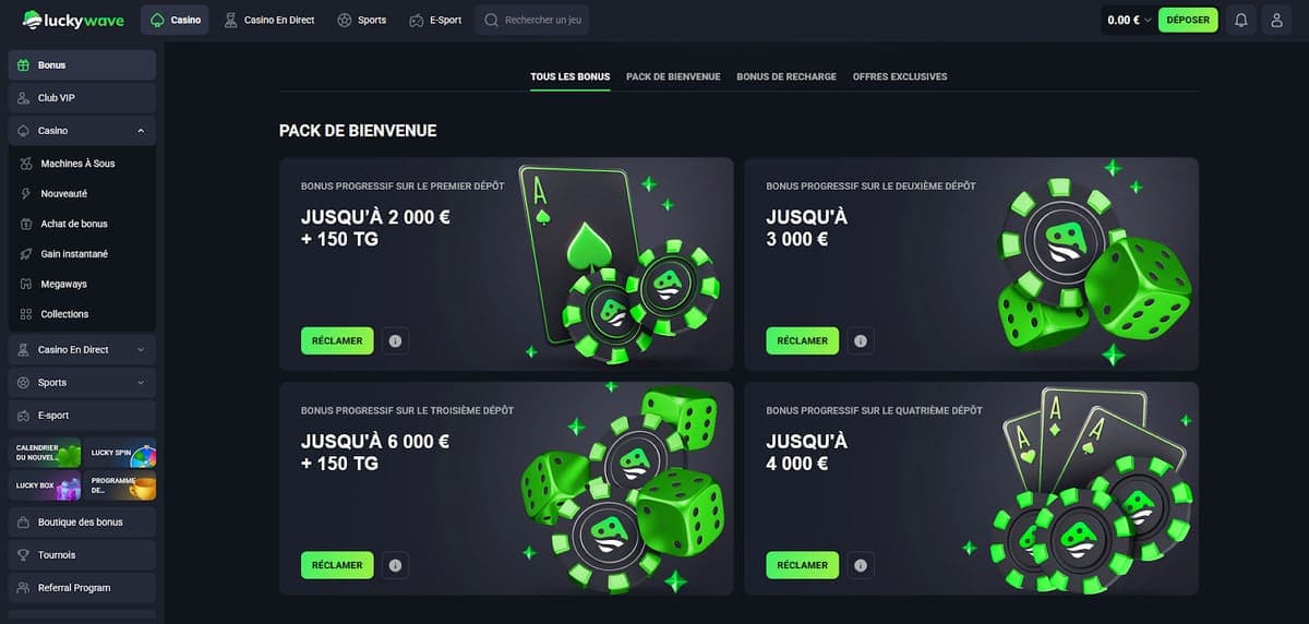 Bonus bienvenue Lucky Wave Casino