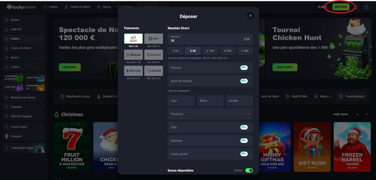 Dépôt Lucky Wave Casino