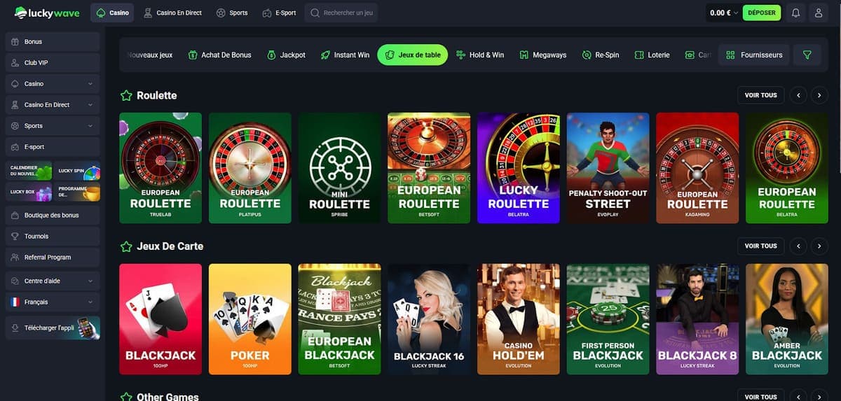 Jeux de table Lucky Wave Casino