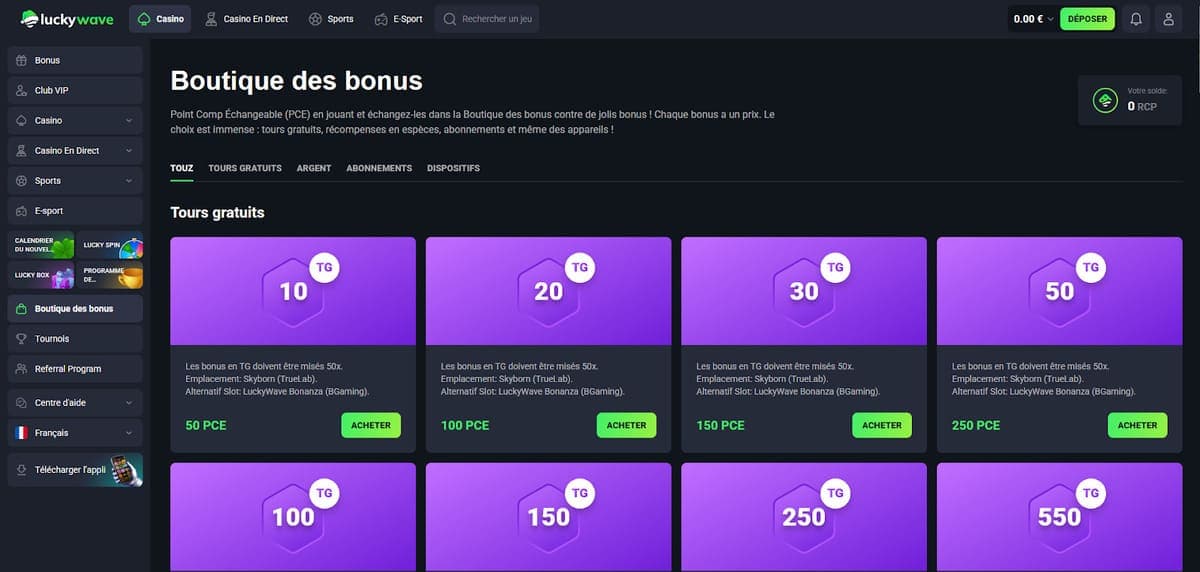 Magasin bonus Lucky Wave Casino
