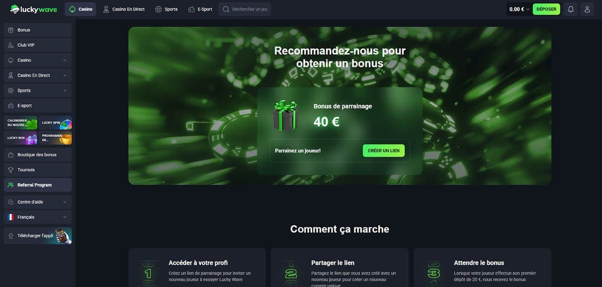 Parrainage Lucky Wave Casino