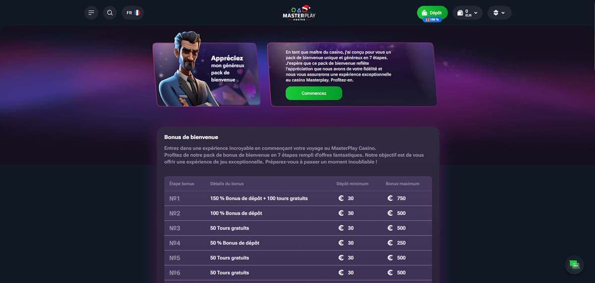 Bonus bienvenue MasterPlay Casino