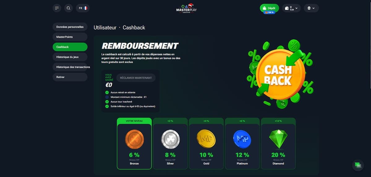 Cashback et VIP MasterPlay Casino