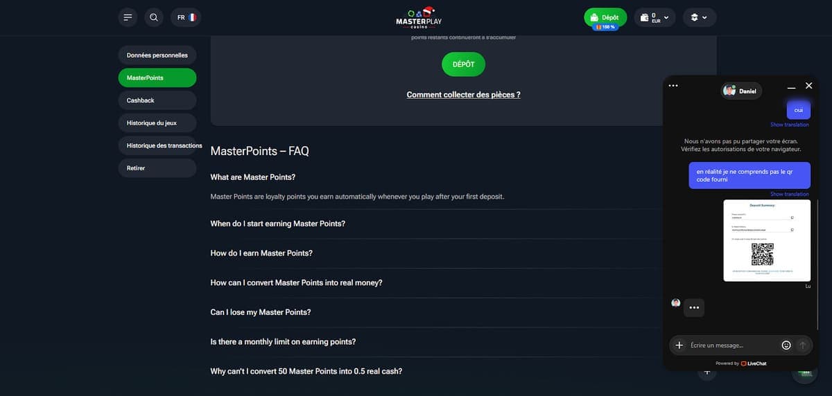 Service client MasterPlay Casino