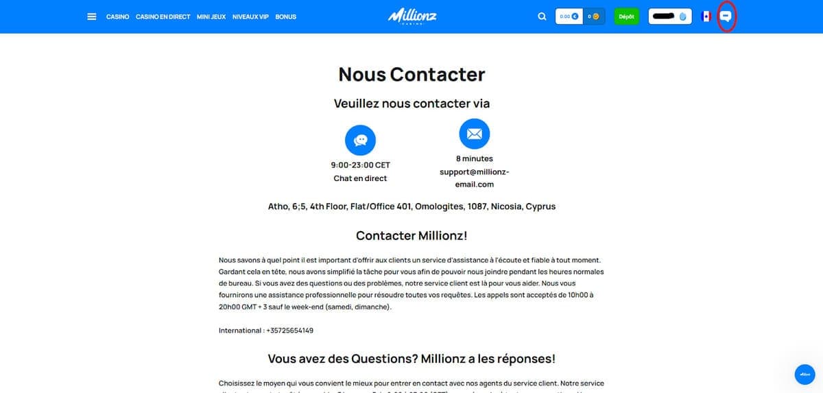 Service client Millionz Casino