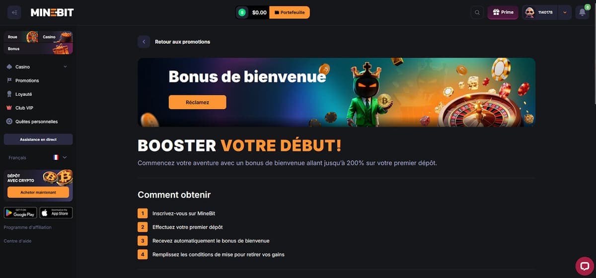 Bonus bienvenue Minebit Casino