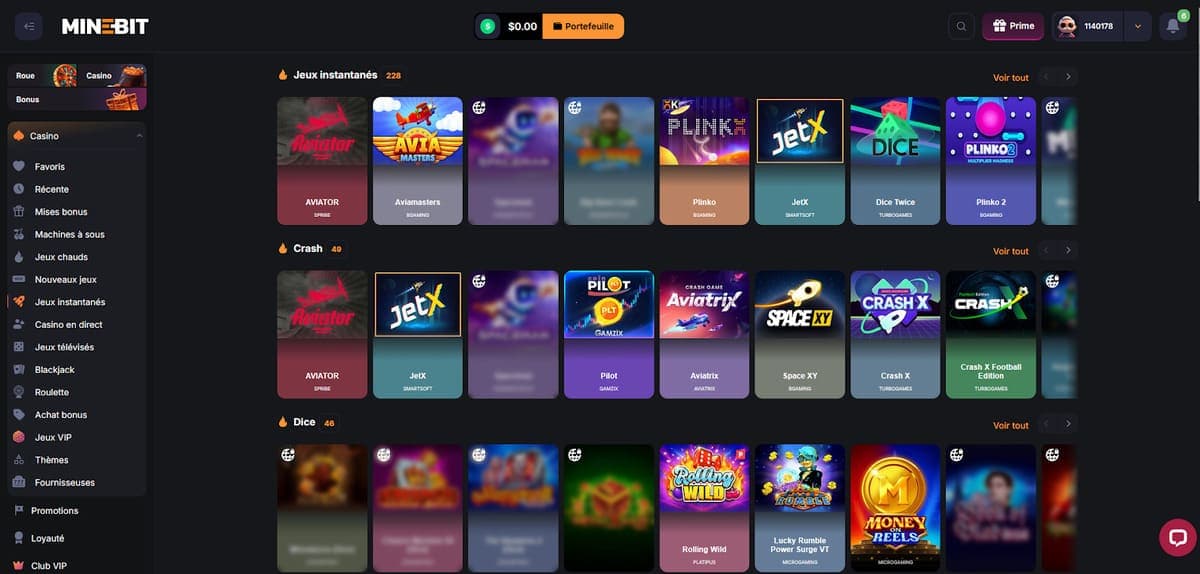 Mini jeux Minebit Casino