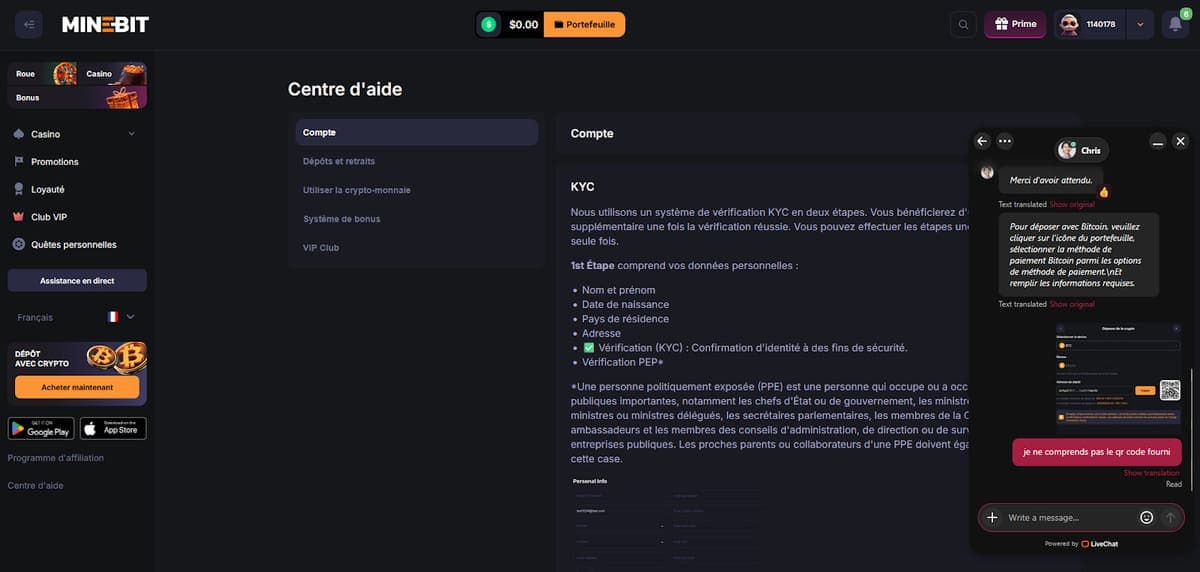 Support client Minebit Casino