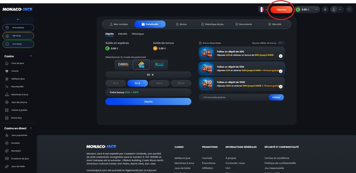 Dépôt Monaco Jack Casino