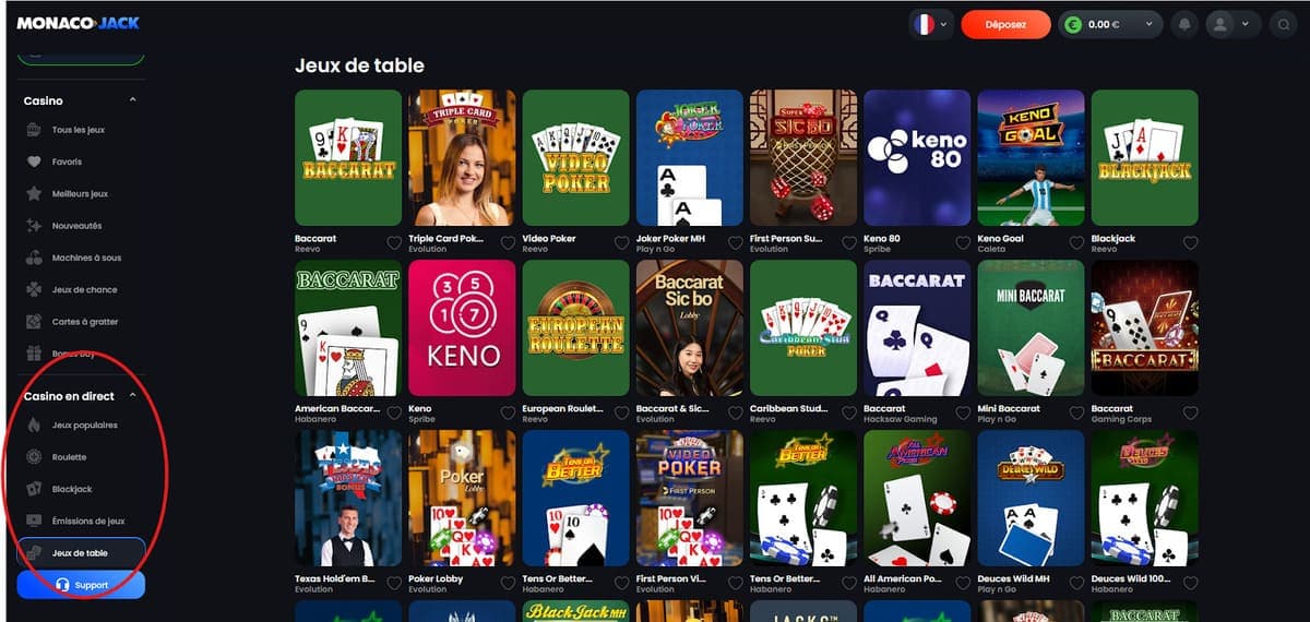 Jeux de table Monaco Jack Casino