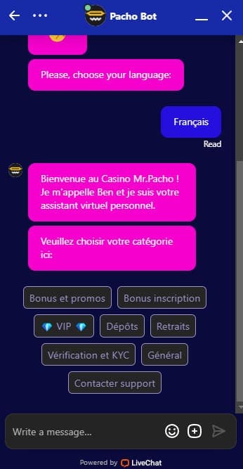 Début chat support MrPacho