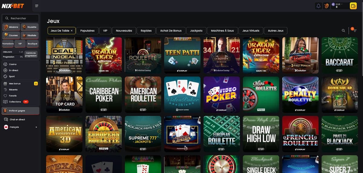 Jeux de table Nixbet Casino