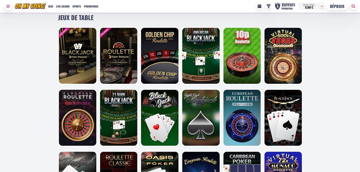 Jeux de table OhMySpins Casino
