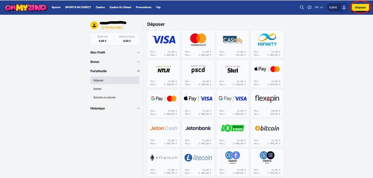 Dépôt OhMyZino Casino