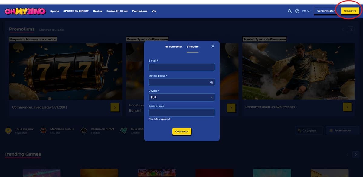 Inscription OhMyZino Casino