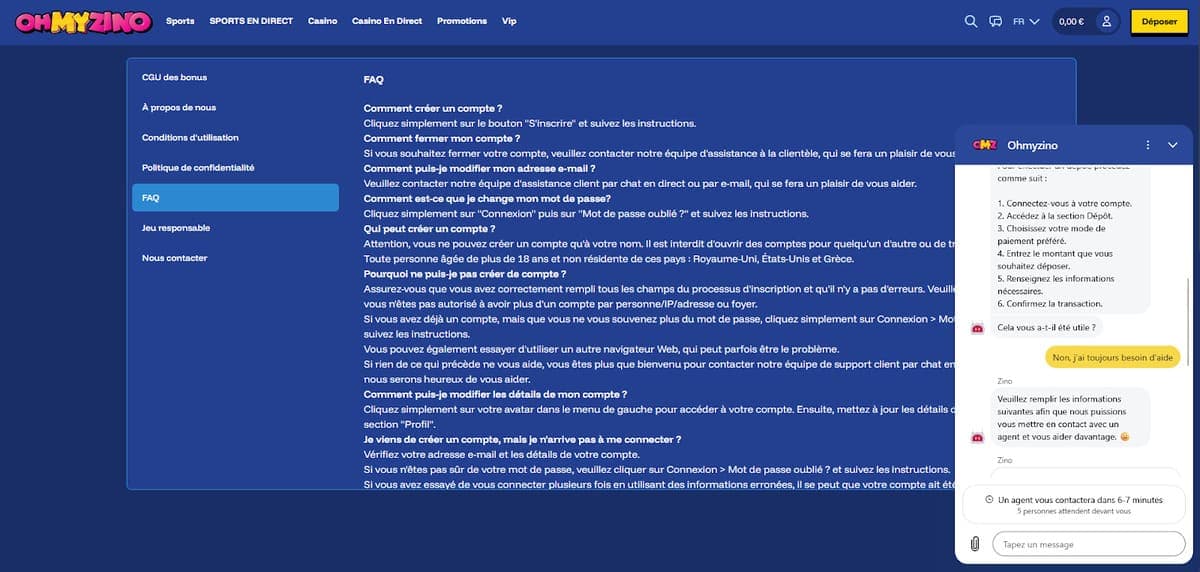 Service client OhMyZino Casino