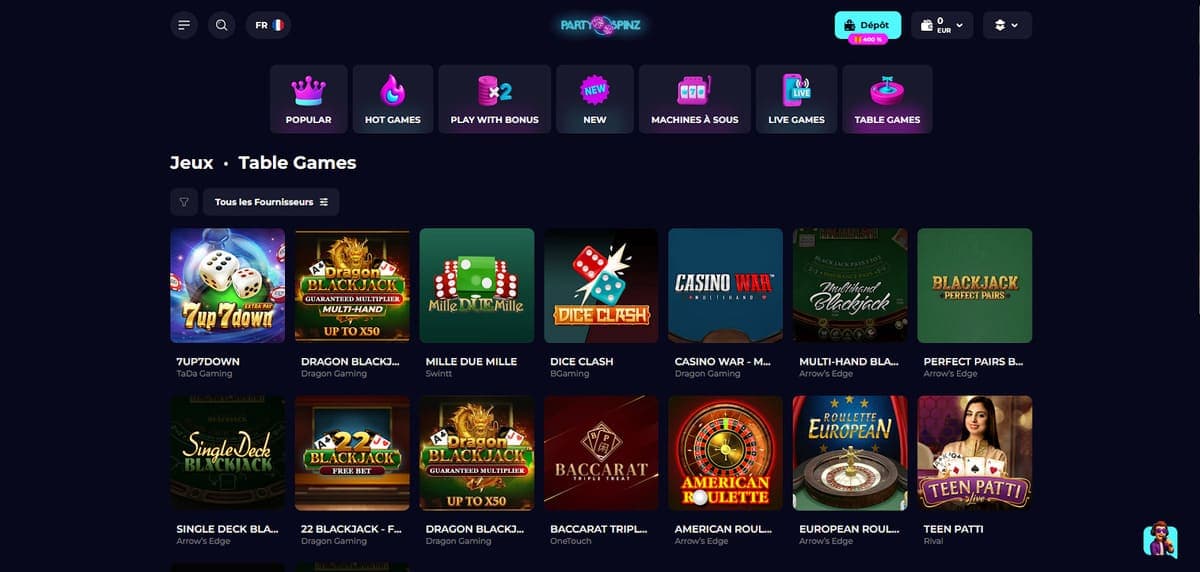 Jeux de table PartySpinz Casino