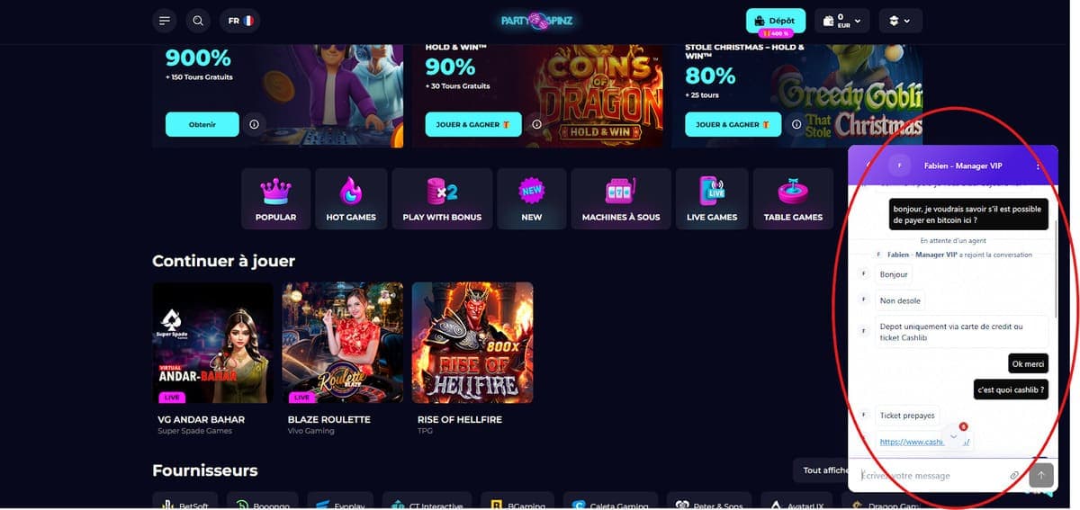 Service client PartySpinz Casino