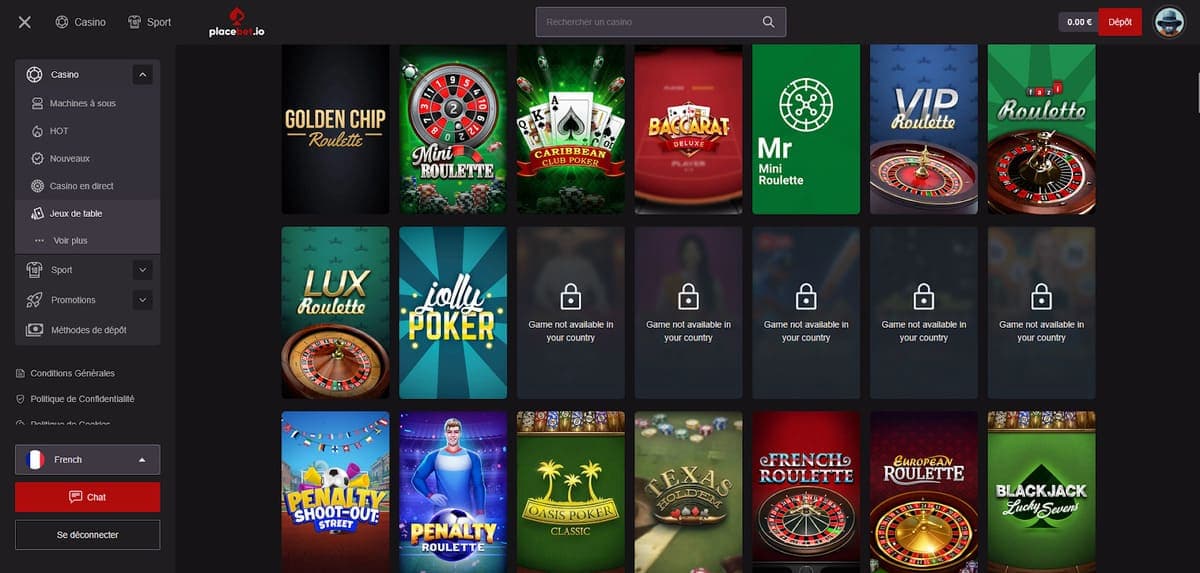 Jeux de table  Placebet Casino