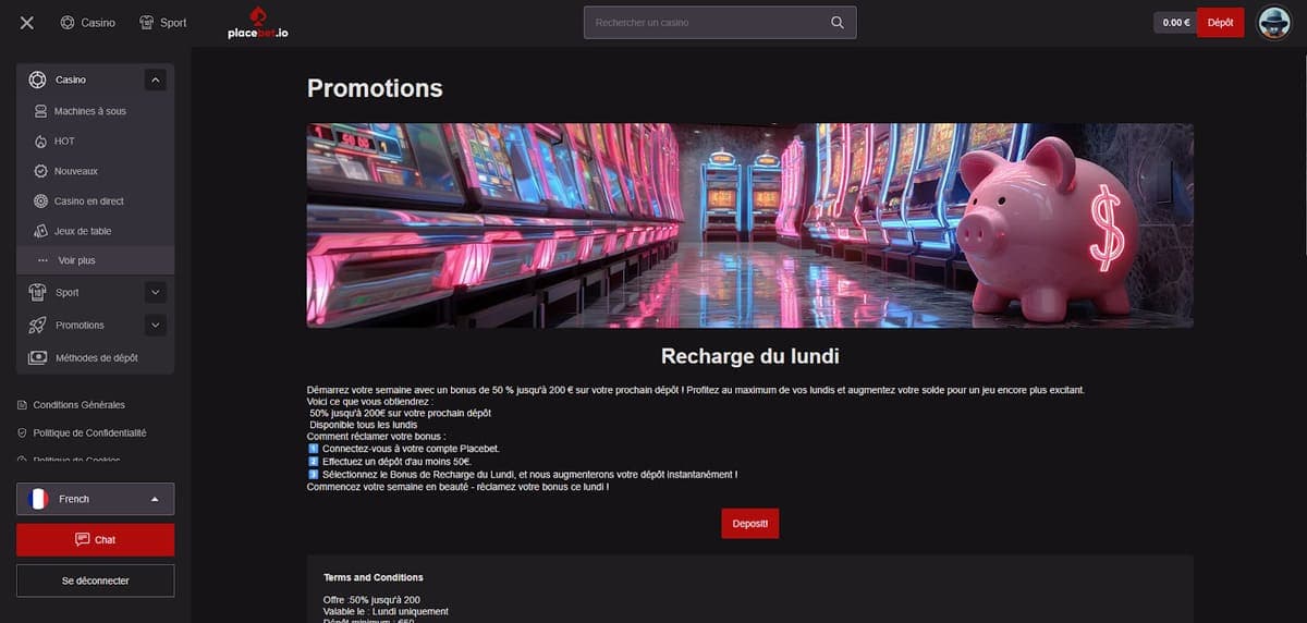 Recharge du lundi Placebet Casino
