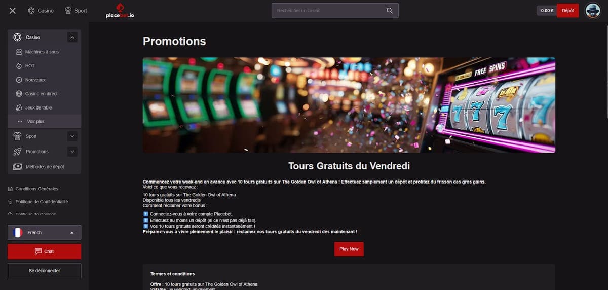 Tours gratuits du vendredi Placebet Casino