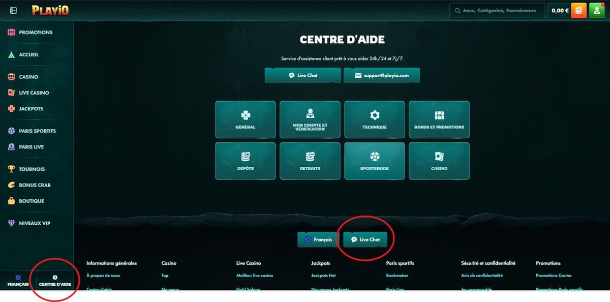 Centre aide Playio casino