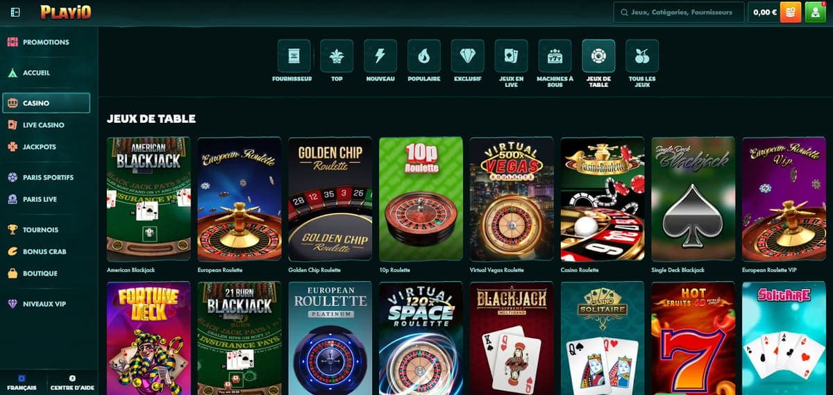 Jeux de table casino Playio