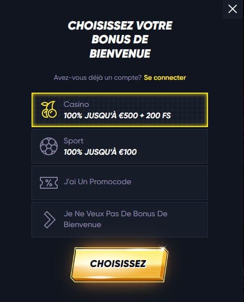 Choix bonus bienvenue QuickWin casino