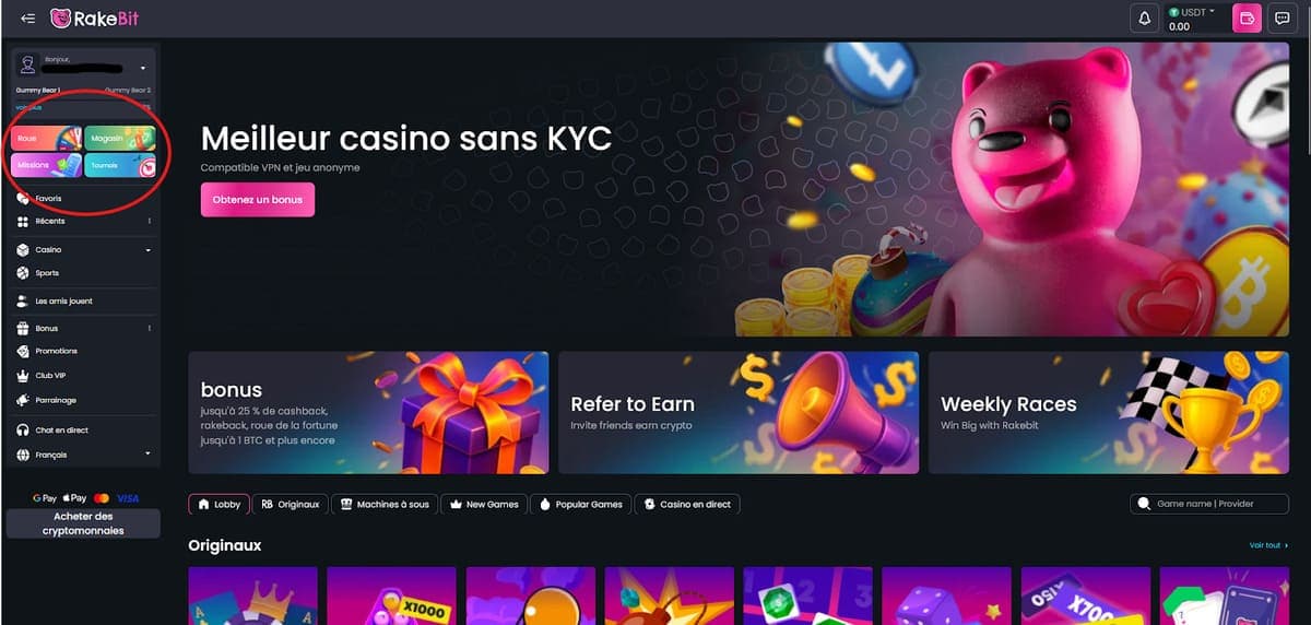 Missions, roues, etc. Rakebit Casino