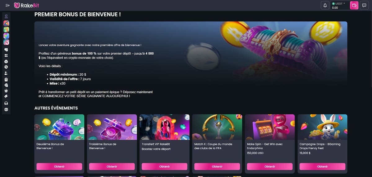 Offre de bienvenue en trois temps Rakebit Casino