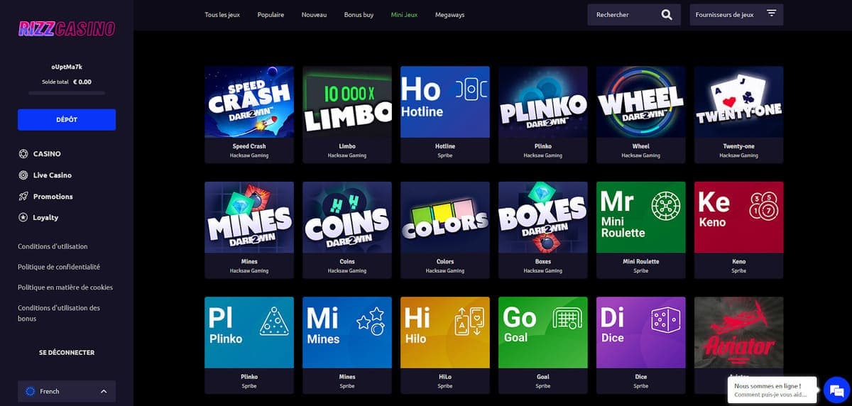 Mini jeux Rizz Casino