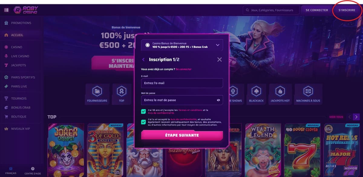 Inscription Roby Casino