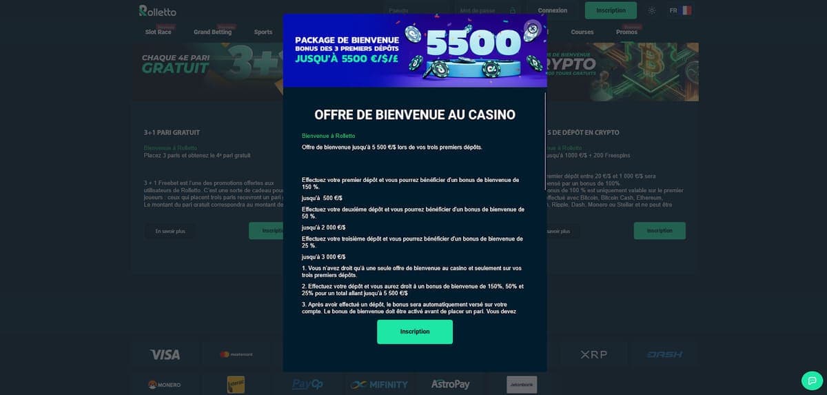 Cadeau bienvenue Rolletto Casino
