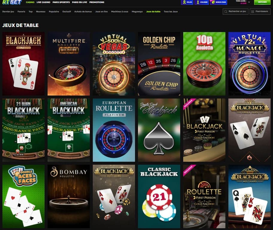 Jeux de table RTBet casino