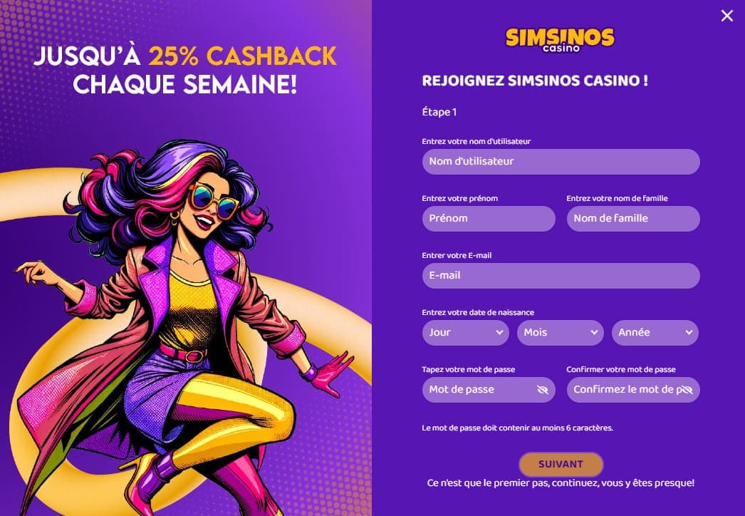 Créer un compte Simsinos casino