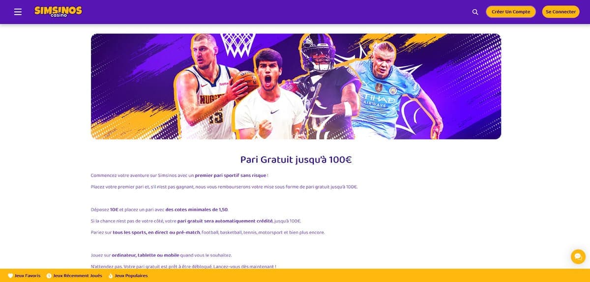 Nouveaux bonus Simsinos Casino