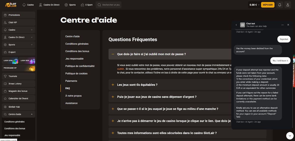 Centre d'aide SlotLair Casino